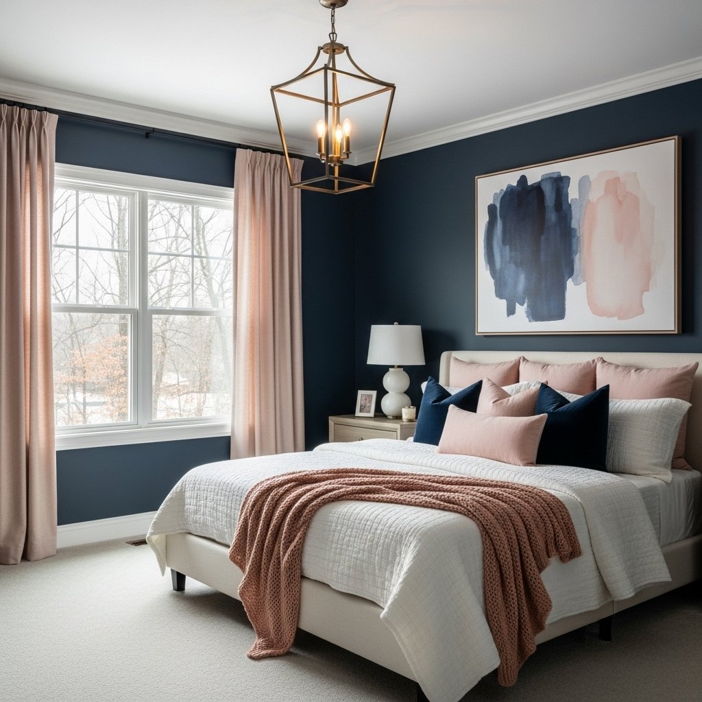 Navy Blue and Blush Pink Bedroom Color Combination