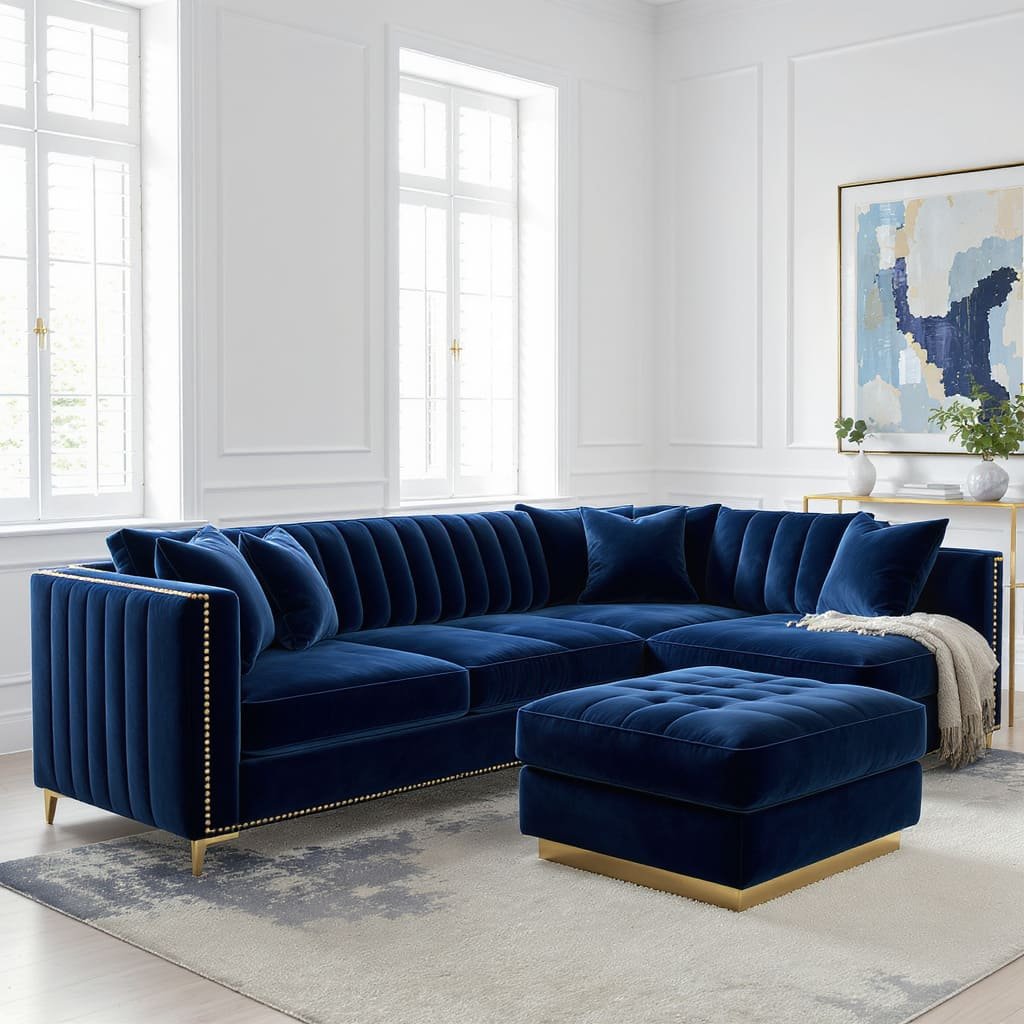 Navy Velvet L Shape Sofa with Ottoman