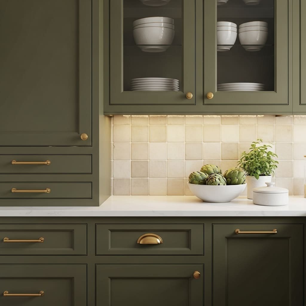 Olive Green Kitchen Cabinets with Brass Hardware Detail