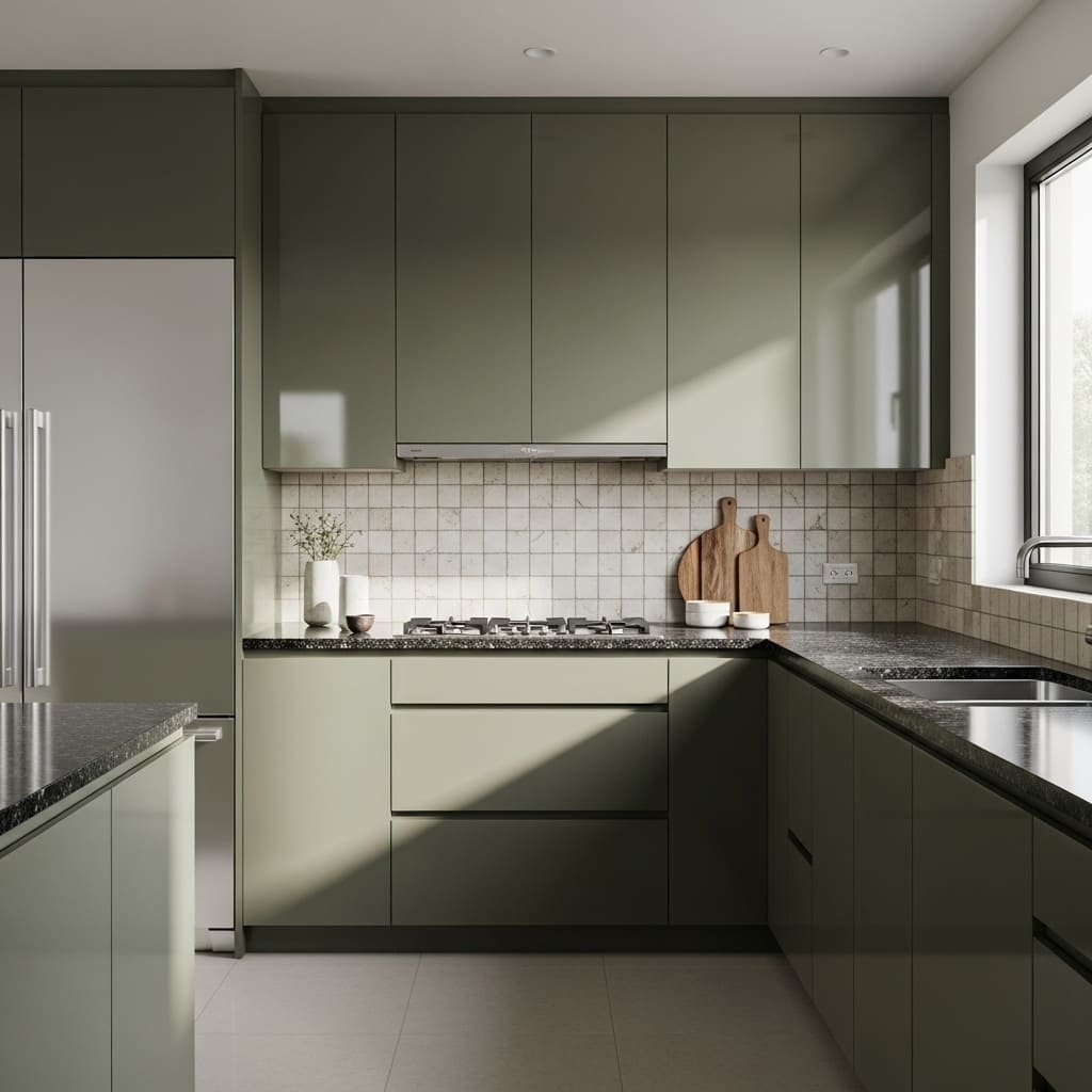 Olive Green Kitchen Cabinets with Sleek Contemporary Finish