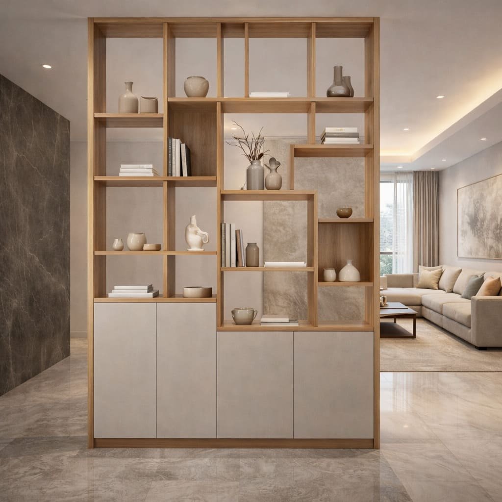 Open Shelf Wooden Partition With Storage Base