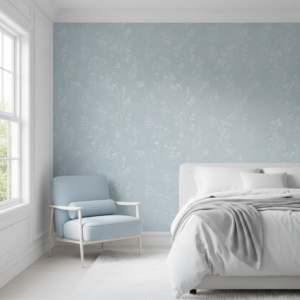 Powder Blue Wildflower Soft Bedroom Wallpaper