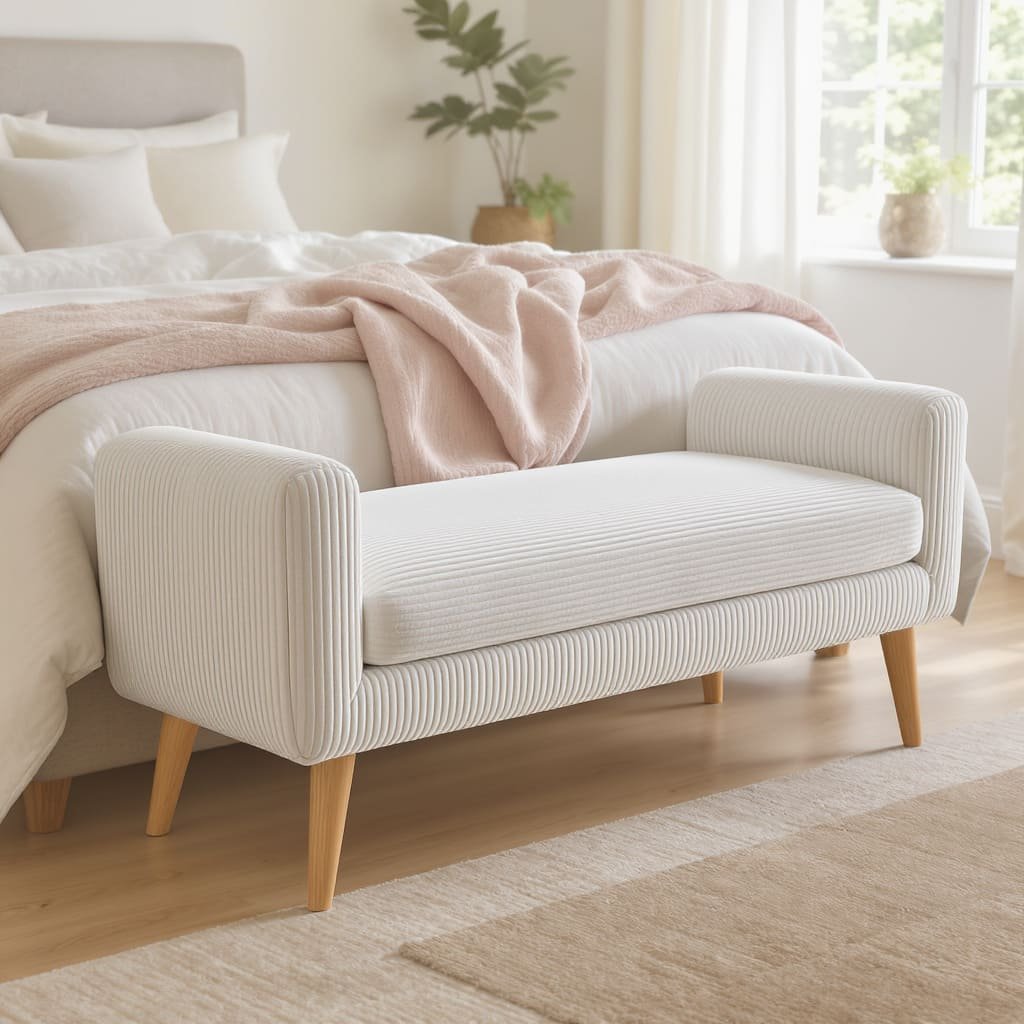 Ribbed Upholstered Bed Bench with Natural Wood Legs