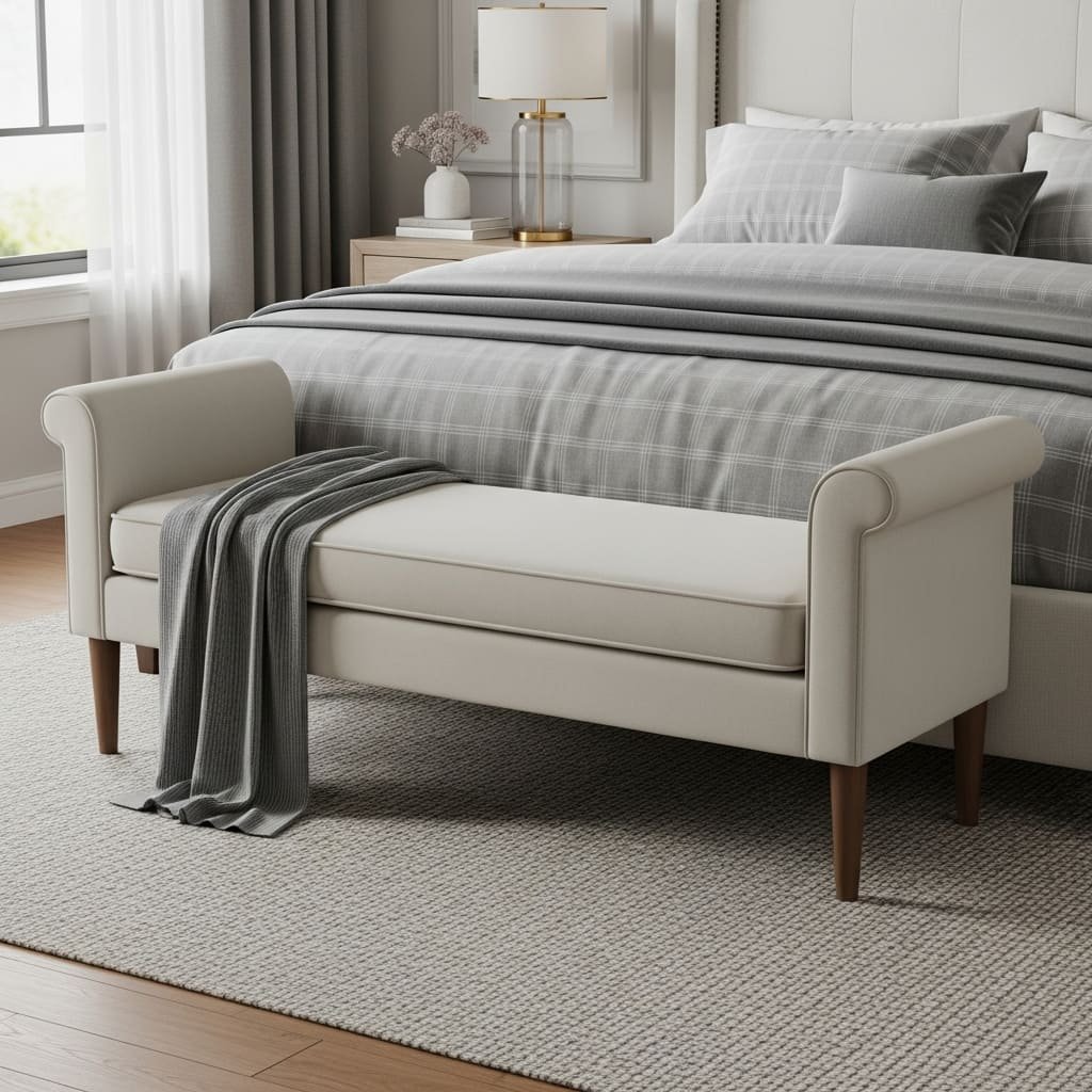 Rolled-Arm Upholstered Bed Bench with Tapered Wood Legs