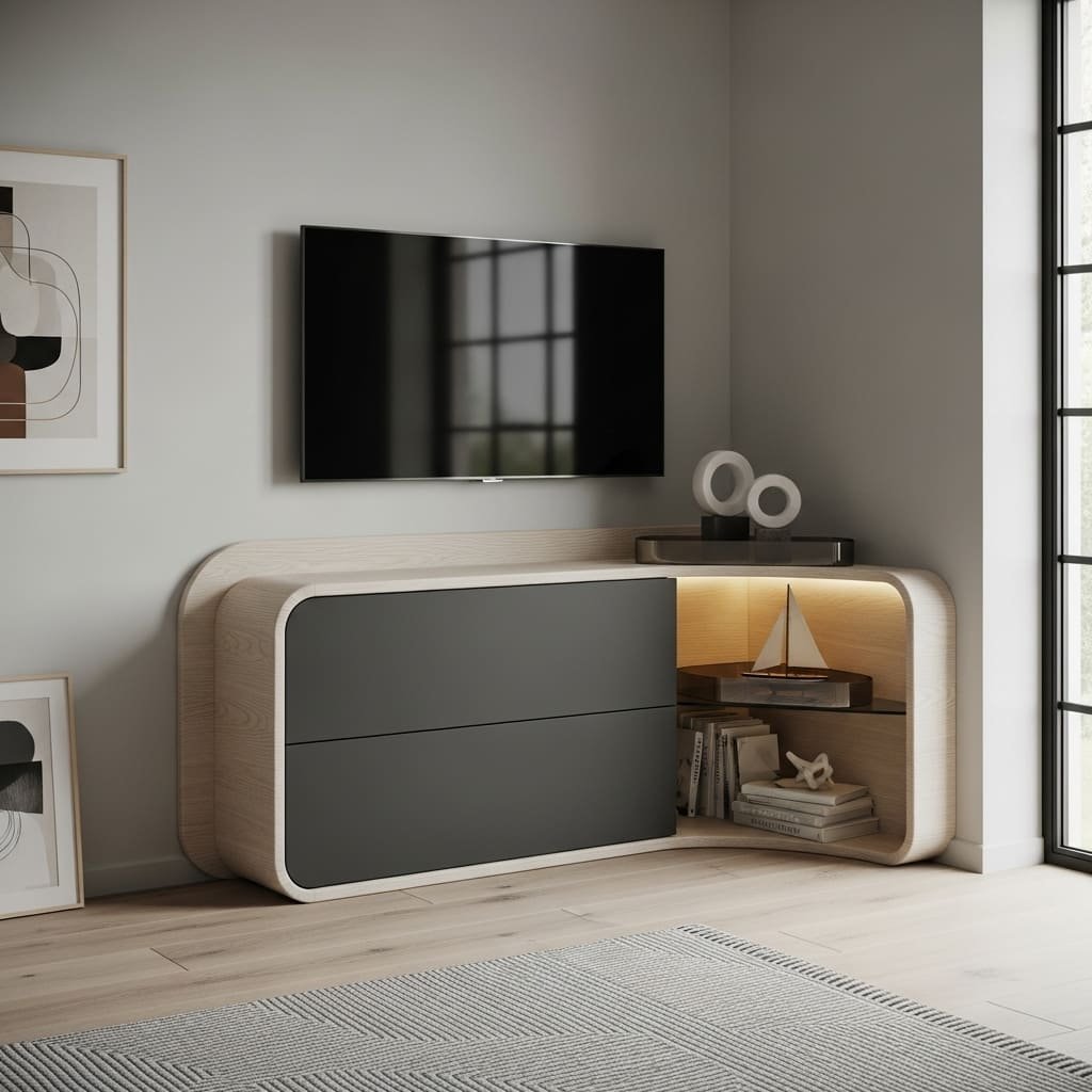 Rounded Corner TV Unit with Open Display Shelf