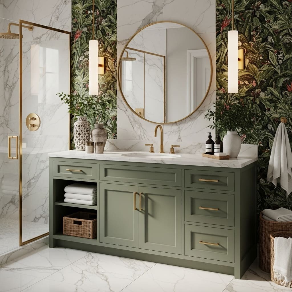 Sage Green Bathroom Vanity with Brass Hardware and Round Mirror