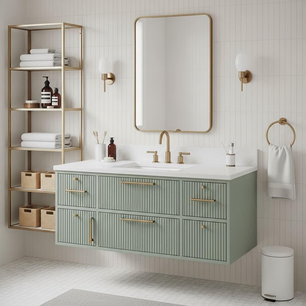 Sage Green Floating Bathroom Vanity with Ribbed Front and Brass Details