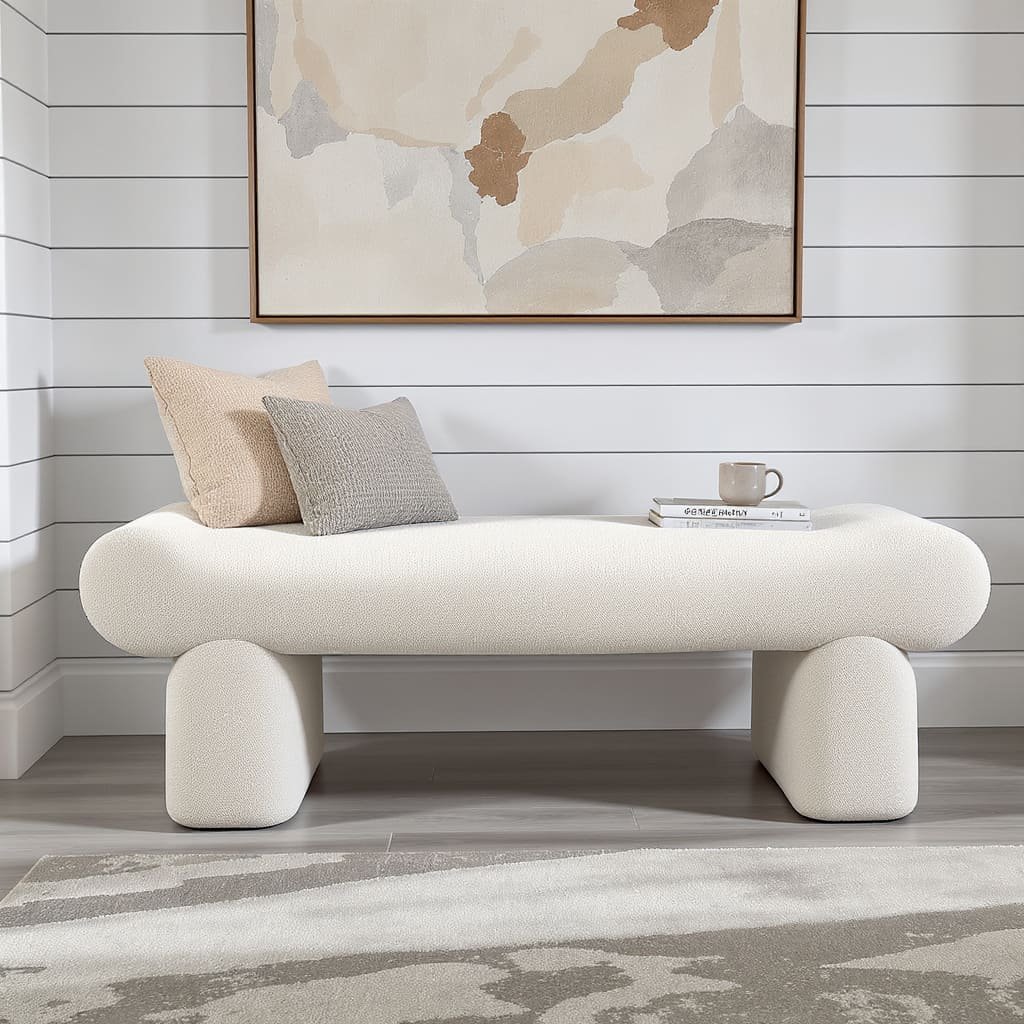 Sculptural Bouclé Bed Bench with Rounded Pedestal Legs