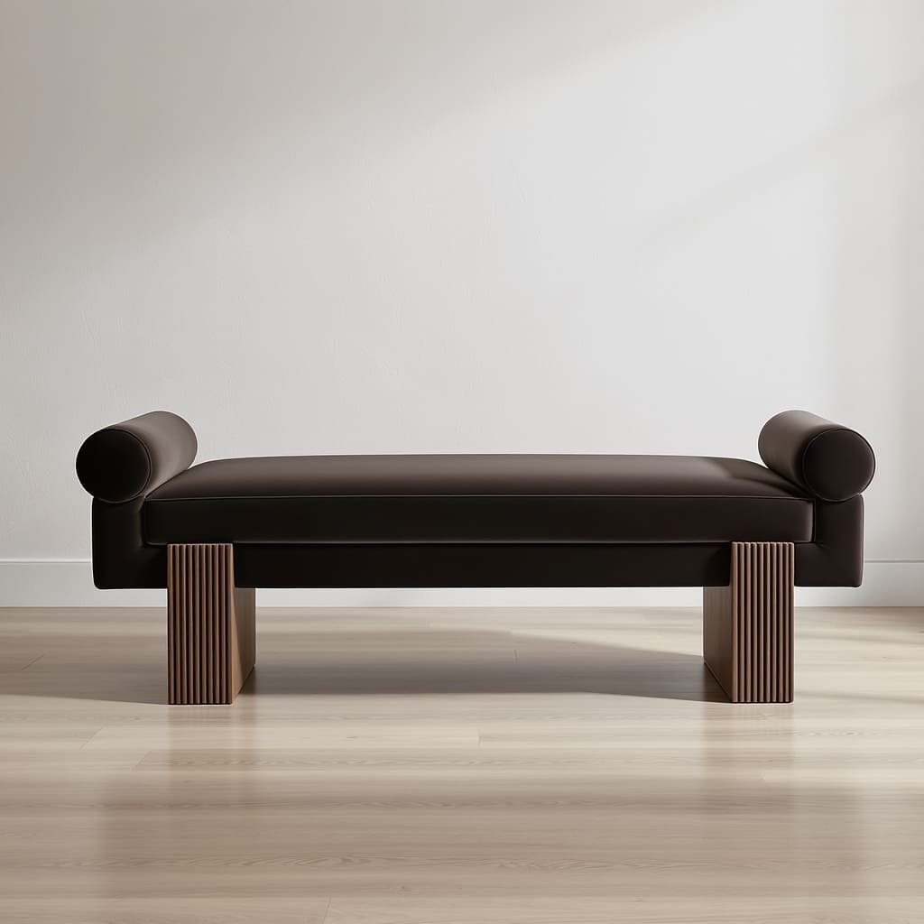 Sculptural Leather Bed Bench with Fluted Wood Legs