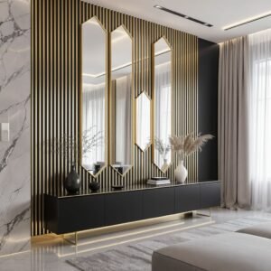 Slatted Feature Partition With Gold Mirrors and Floating Console