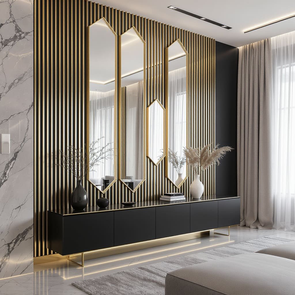 Slatted Feature Partition With Gold Mirrors and Floating Console