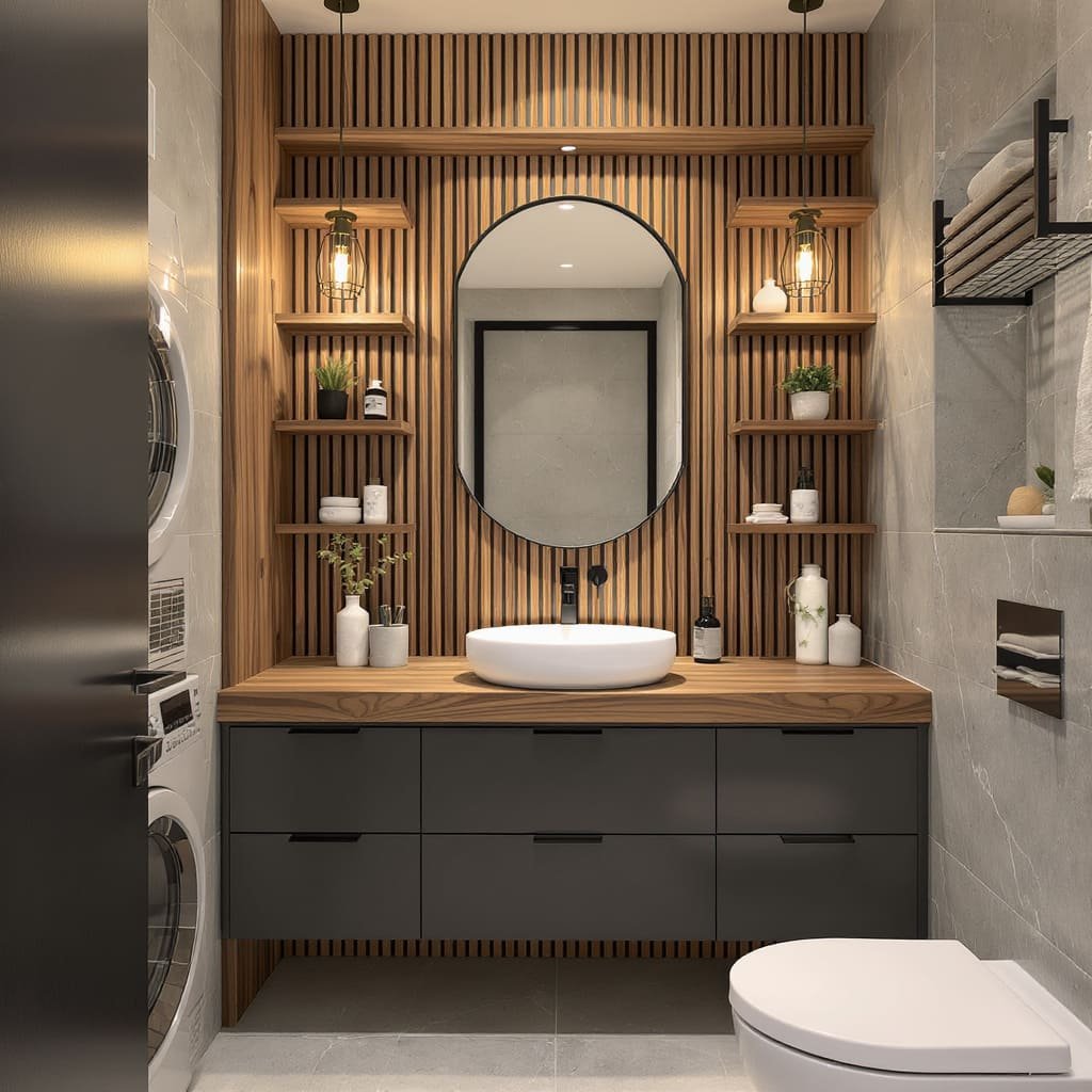 Slatted Vanity Wall With Built In Side Shelves