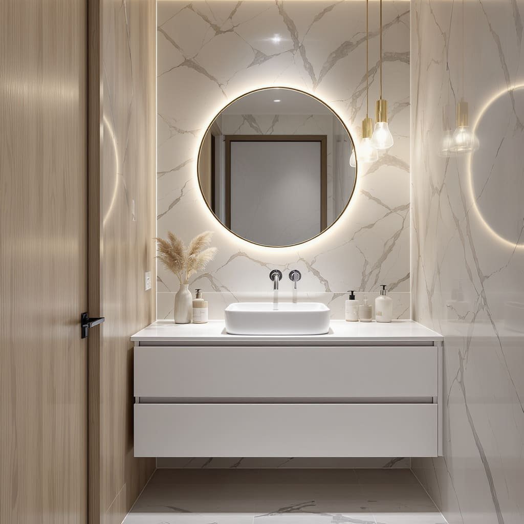 Sleek White Floating Bathroom Vanity with Round LED Mirror