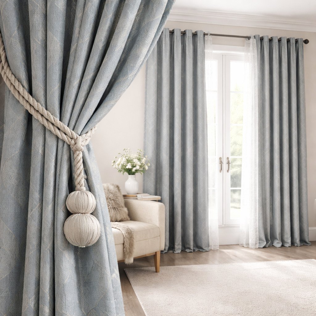 Soft Blue Jacquard Curtain with Decorative Rope Tieback