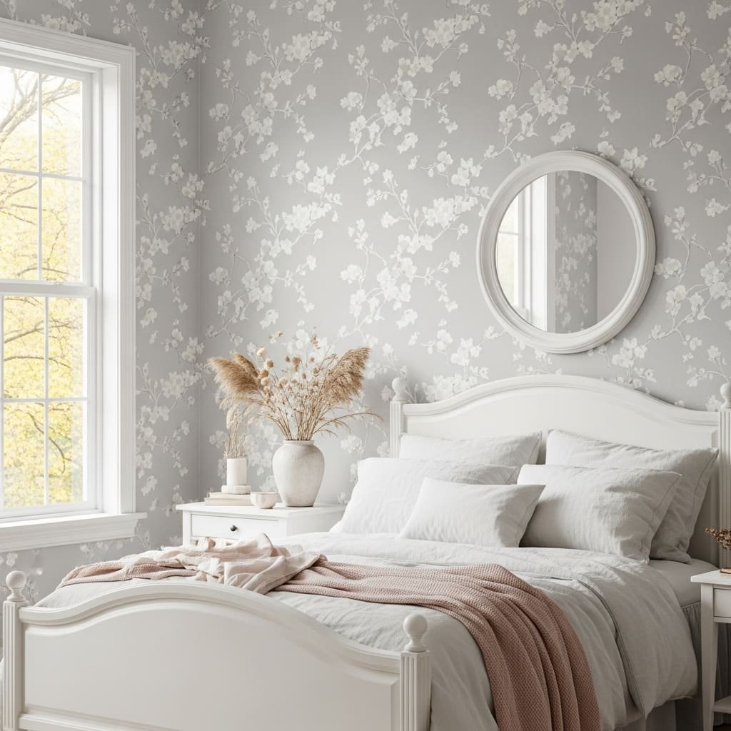 Soft Gray Blossom Trail Bedroom Wallpaper