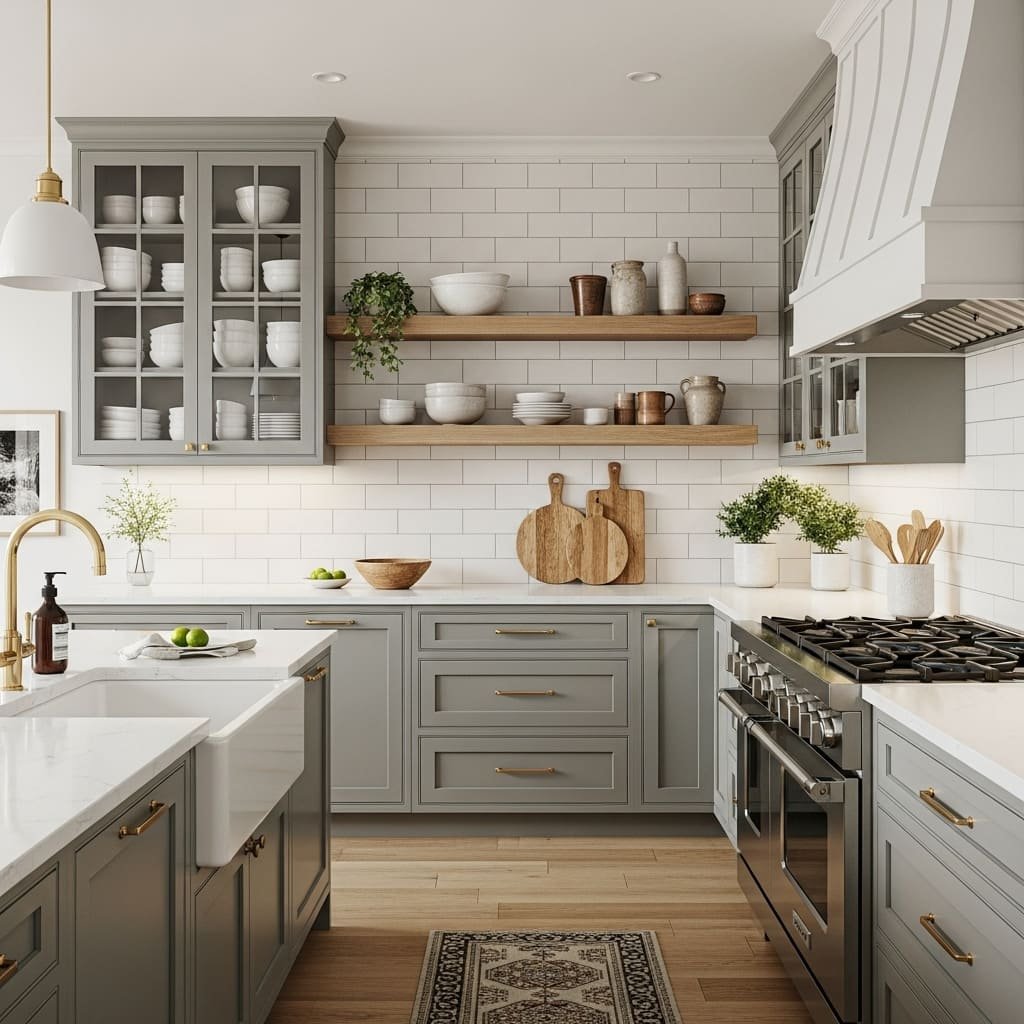Soft Gray Green Kitchen Cabinets with Open Shelving