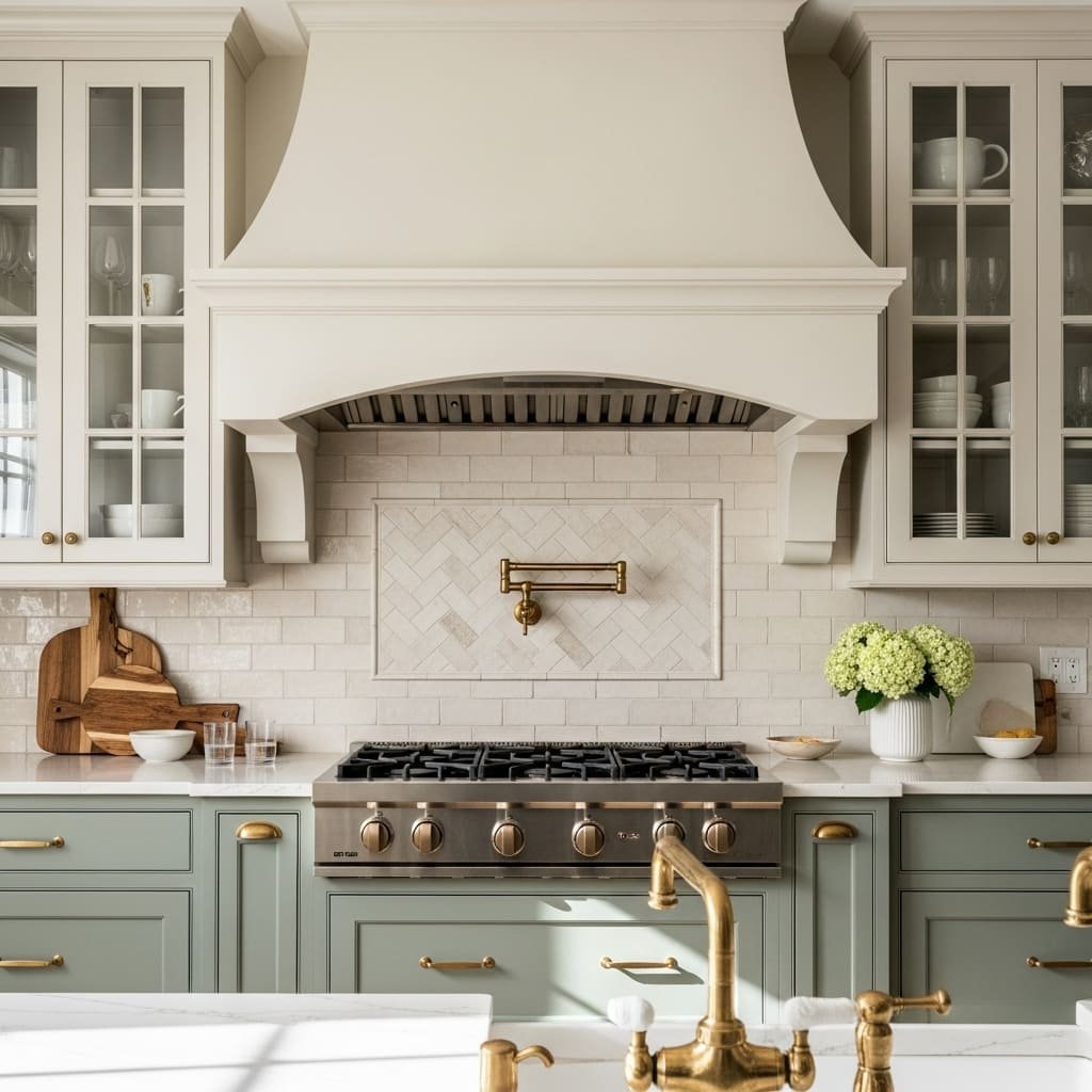 Soft Green Kitchen Cabinets with Classic White Hood