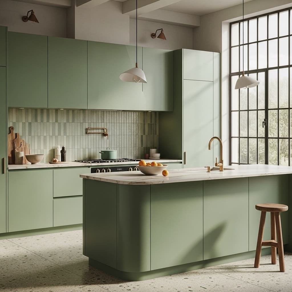 Soft Green Kitchen Cabinets with Natural Light Design