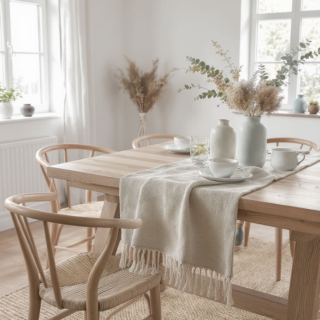 Soft Neutral Fringed Linen Table Runner
