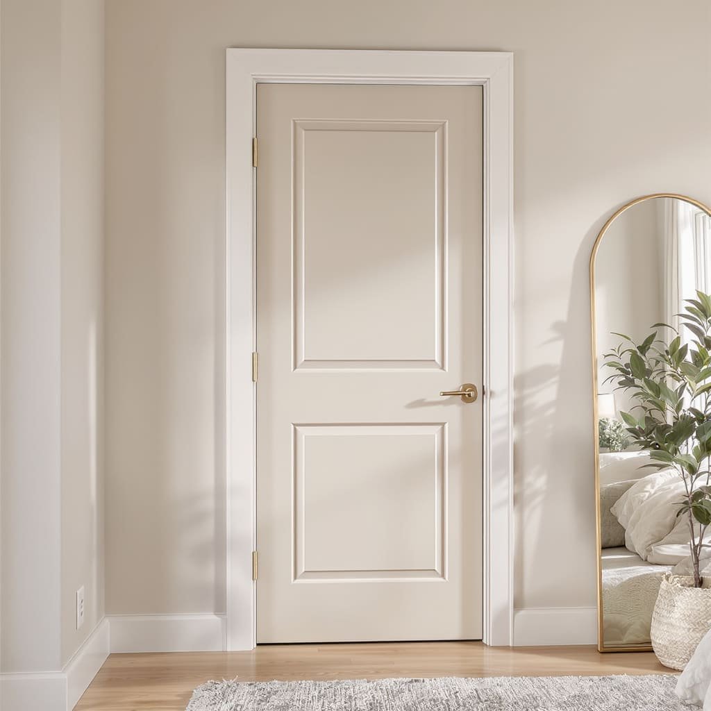 Soft Neutral Paneled Bedroom Door with Brass Hardware