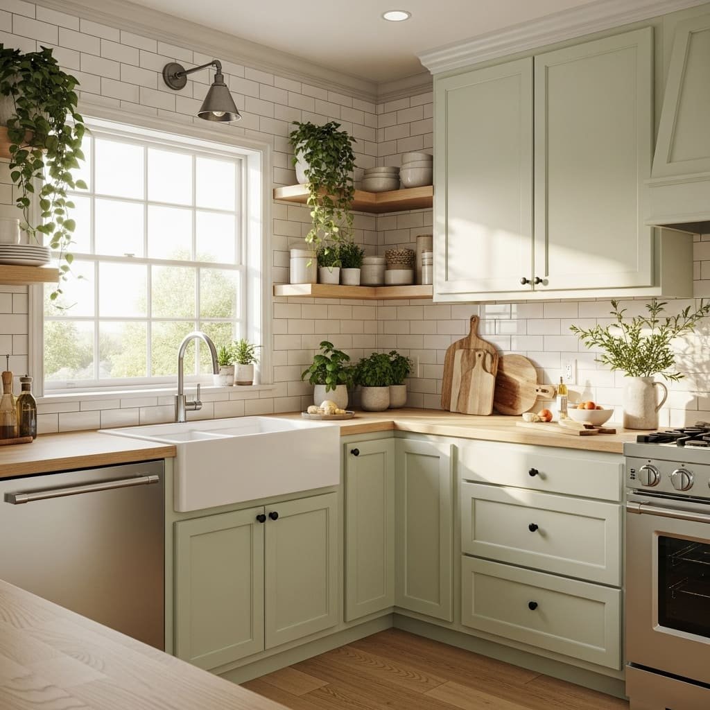 Soft Sage Green Kitchen Cabinets with Cozy Cottage Style
