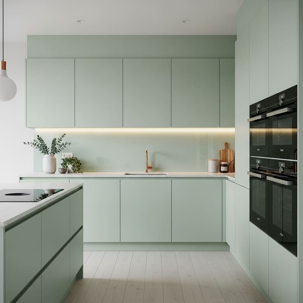 Soft Sage Green Kitchen Cabinets with Minimal Design