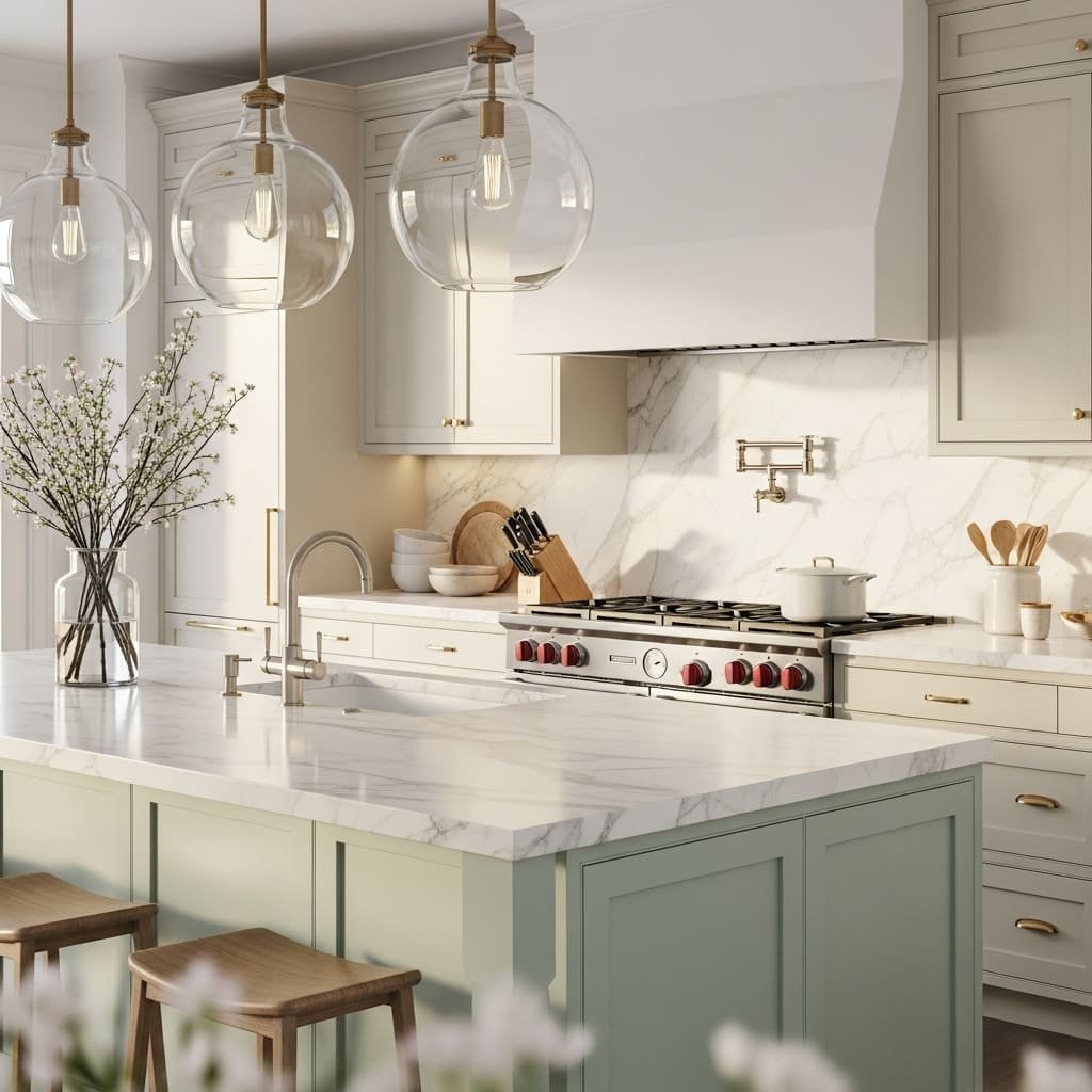 Soft Sage Green Kitchen Cabinets with Warm Neutral Accents