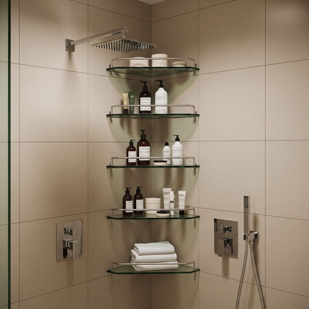 Stacked Glass Corner Shelves In The Shower