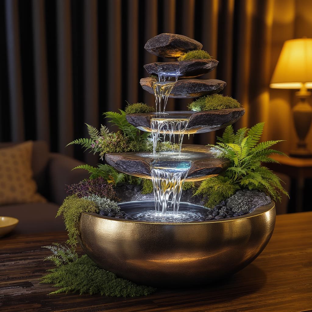 Stacked Stone Bowl Tabletop Cascade Fountain