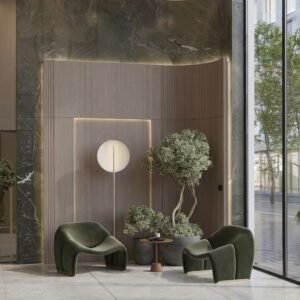 Stone Frame Accent Wall with Backlit Panel and Lounge Seating