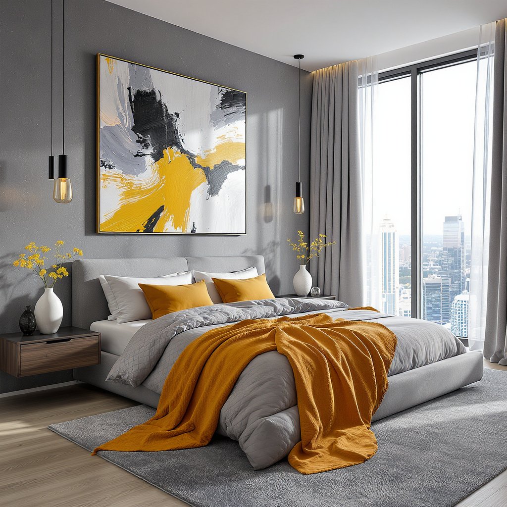 Storm Gray and Saffron Yellow Bedroom Color Combination