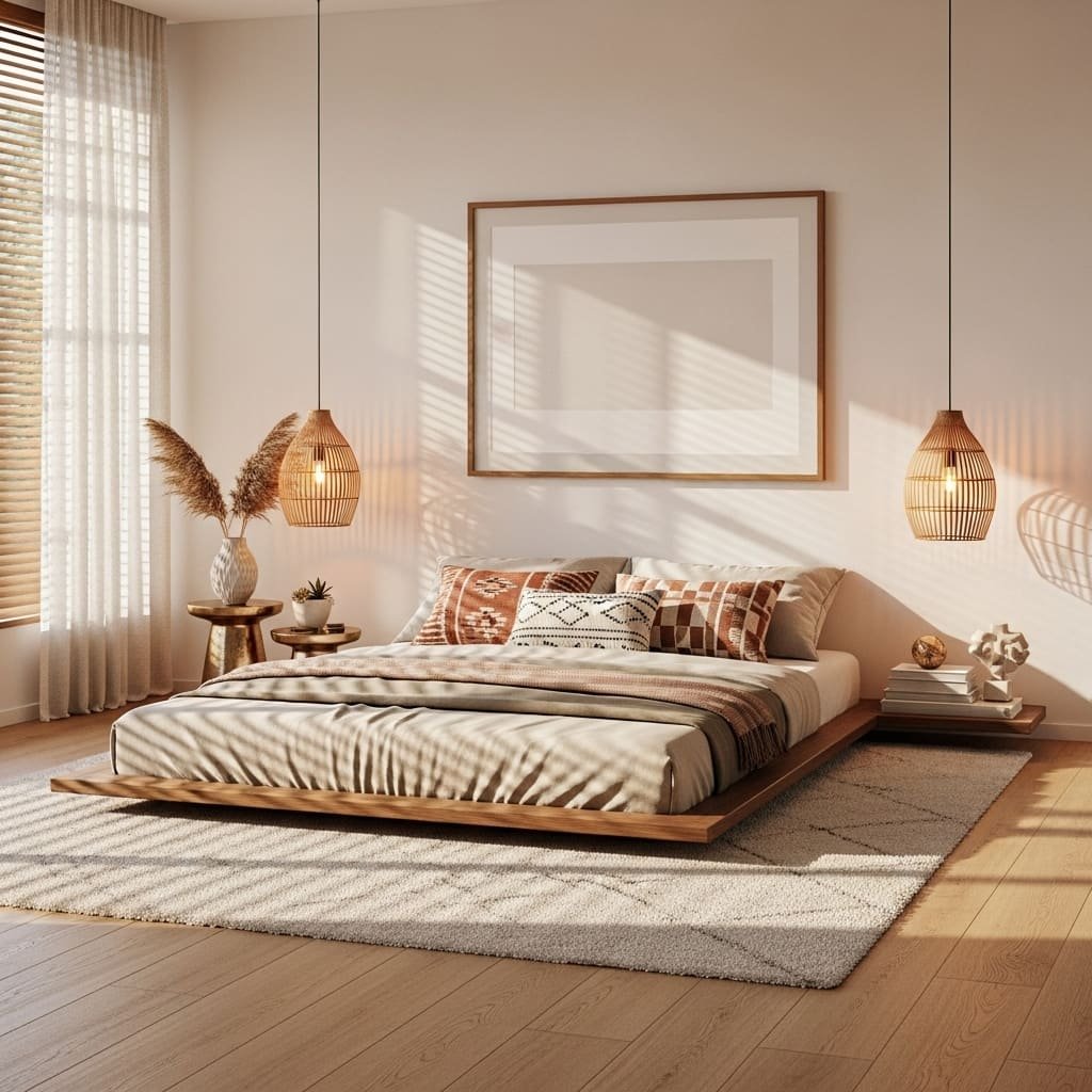 Sunlit Boho Platform Floor Bed with Woven Pendants