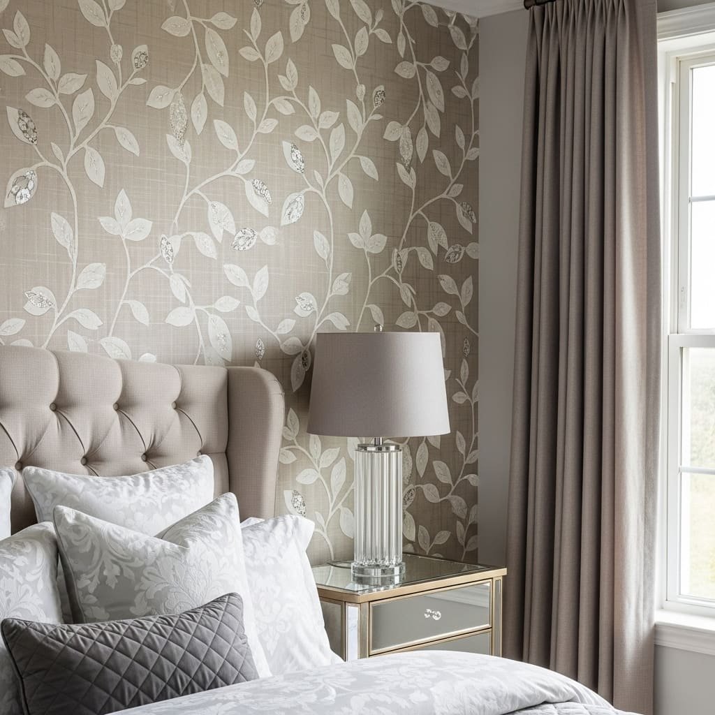 Taupe Leaf Trail Soft Bedroom Wallpaper