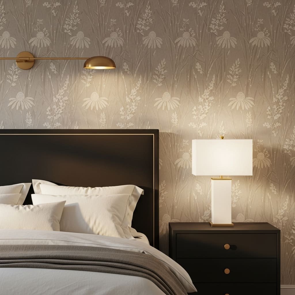 Taupe Wildflower Silhouette Soft Bedroom Wallpaper