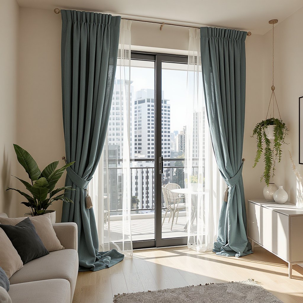 Teal Linen Curtains with Sheer White Panels