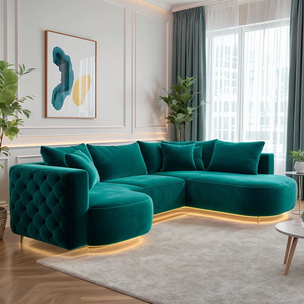 Teal Velvet L Shape Sofa with LED Base