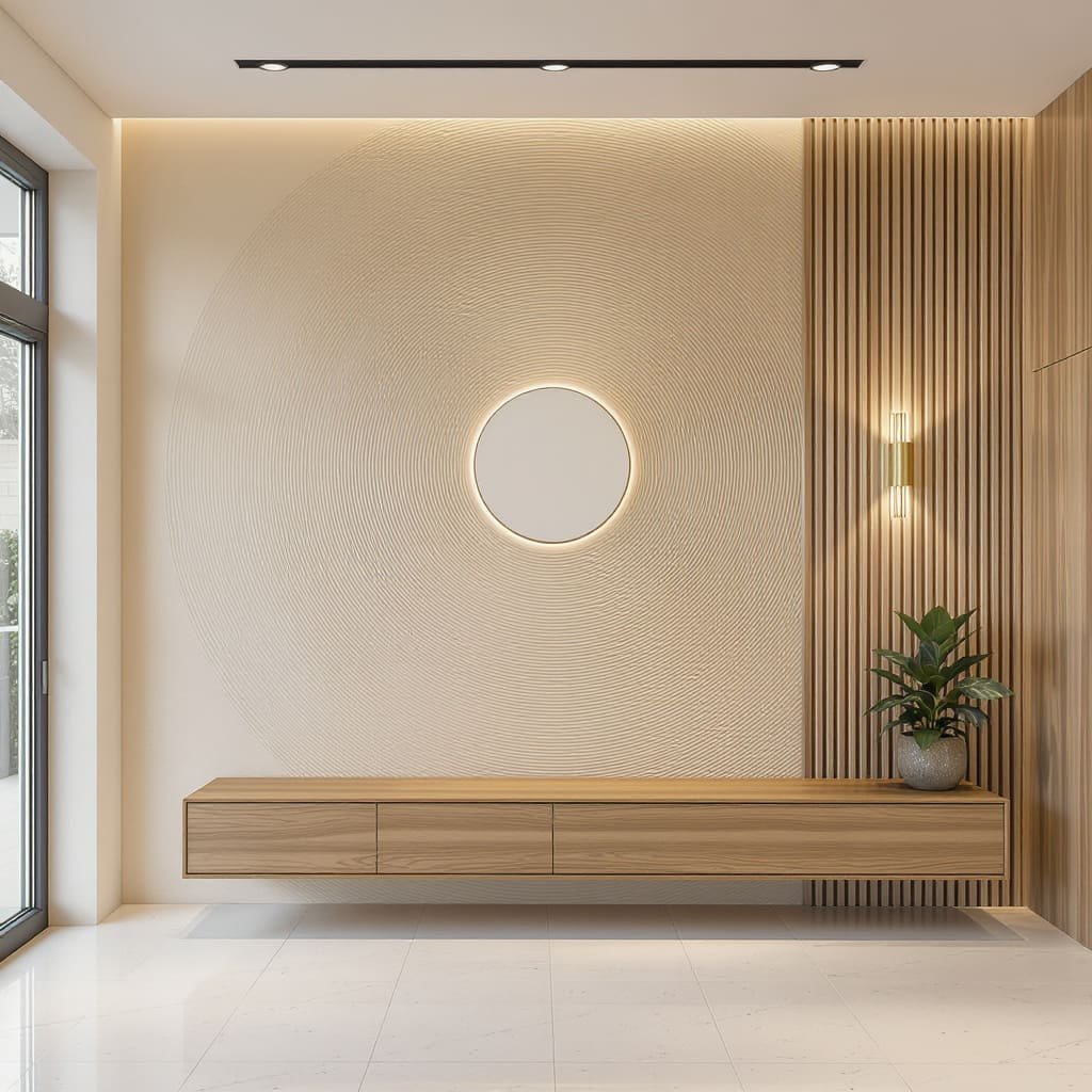 Textured Sunburst Office Entrance Wall with Floating Storage Console