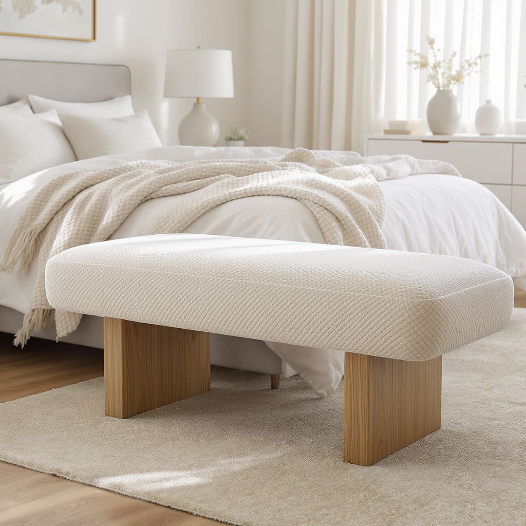 Textured Upholstered Bed Bench with Solid Wood Block Legs