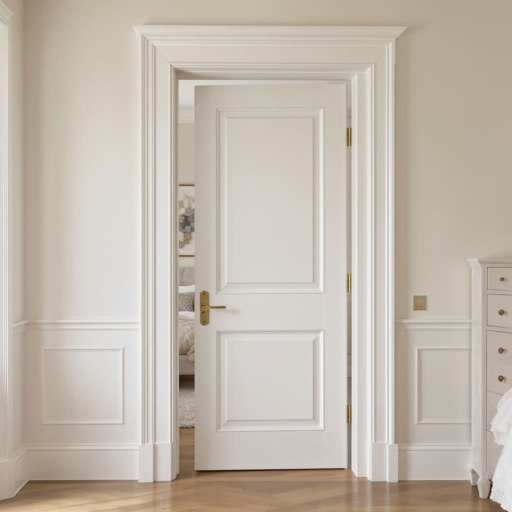 Timeless White Paneled Bedroom Door with Brass Accents