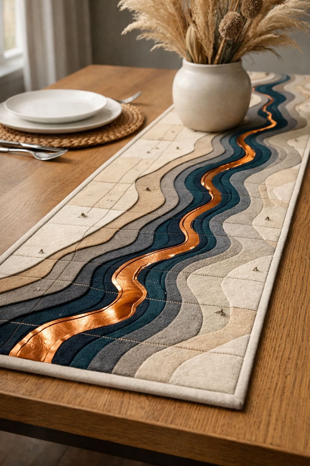 Topographic River Copper Inlay Table Runner