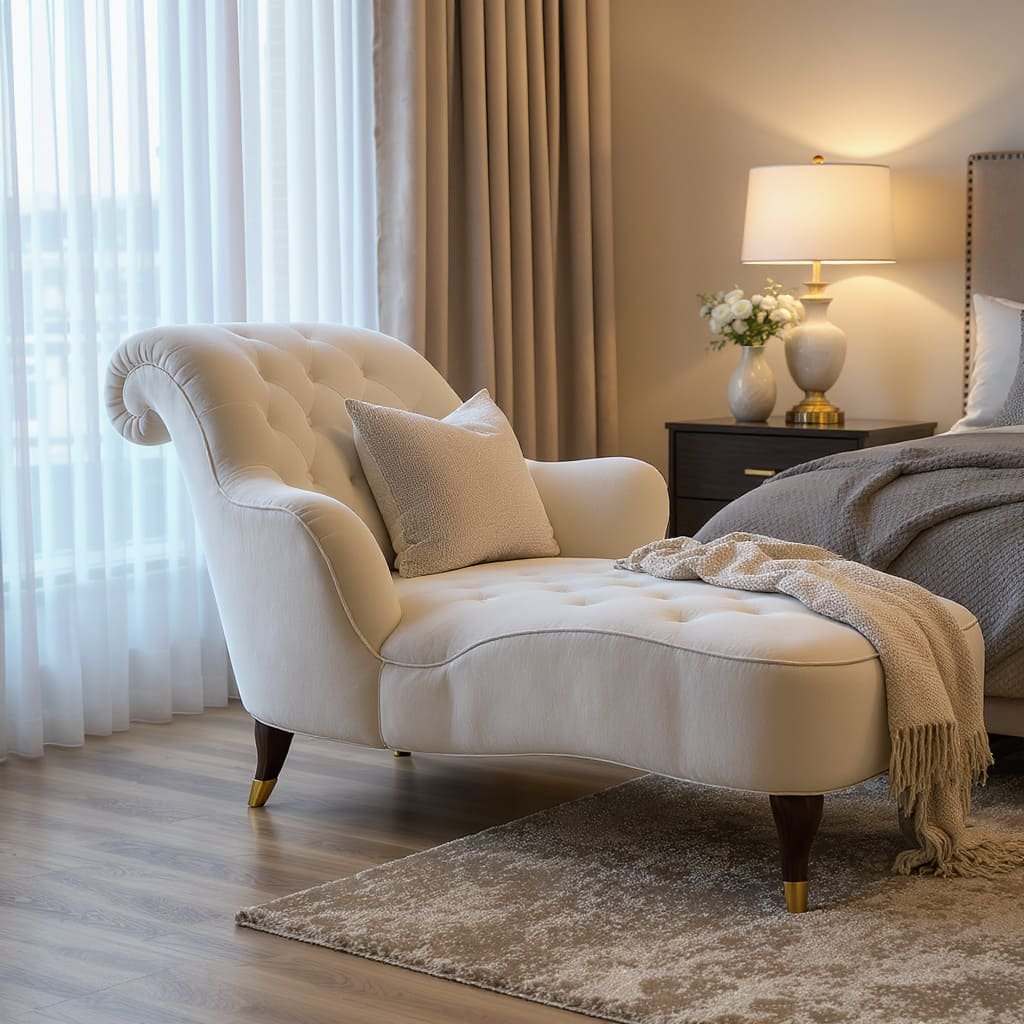Tufted Cream Bedroom Chaise Lounge