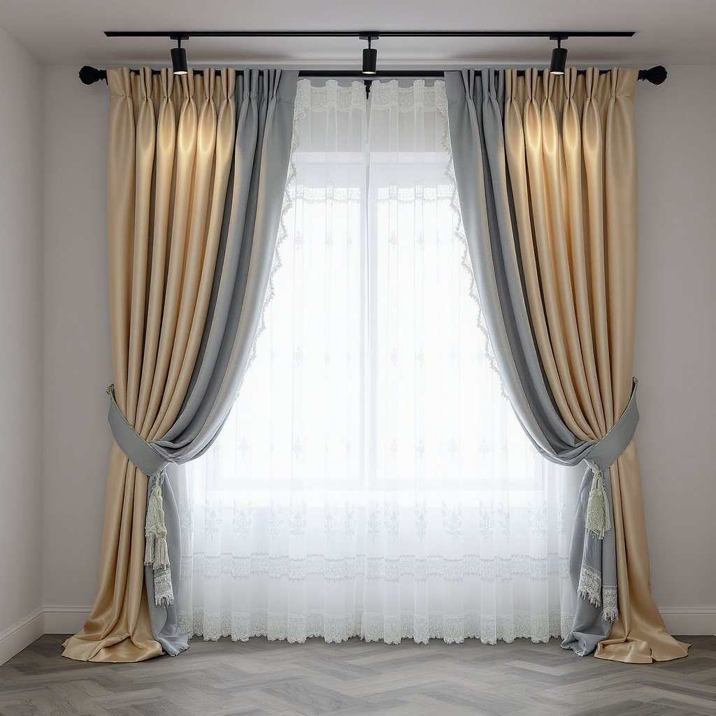 Two Tone Drapes with Lace Sheer Curtain