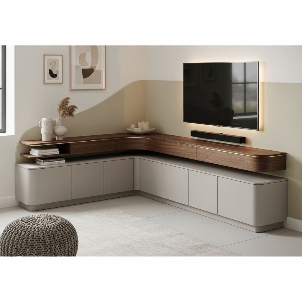 Two Tone L Shape Corner TV Unit with Backlit Panel