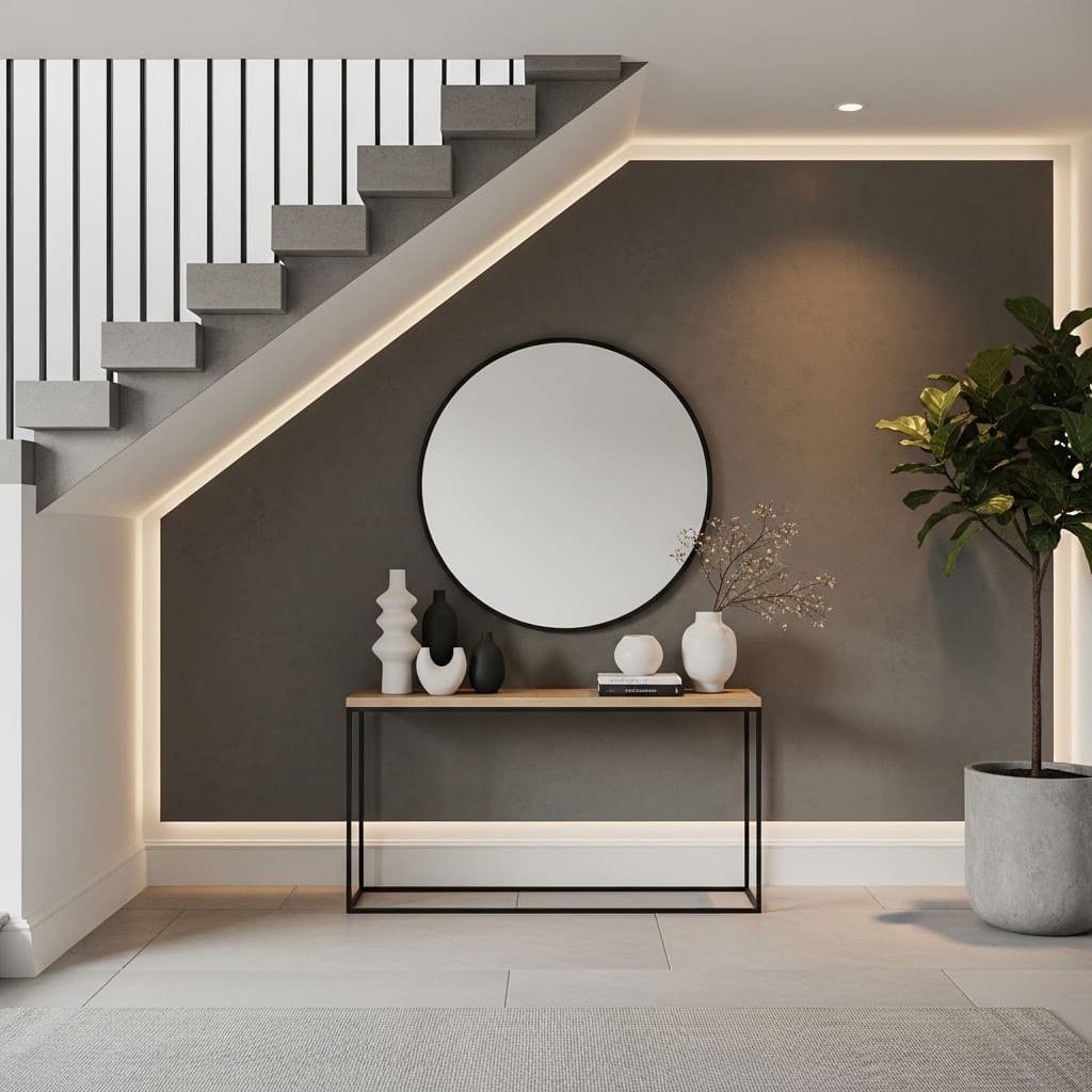 Understairs Accent Wall With Mirror and Shadow Gap Lighting