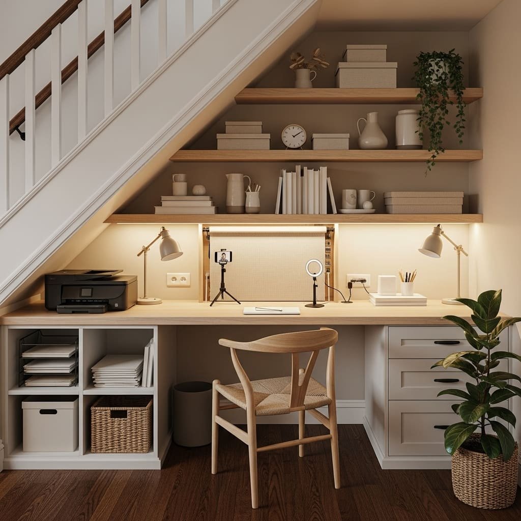 Understairs Built In Desk With Floating Shelves
