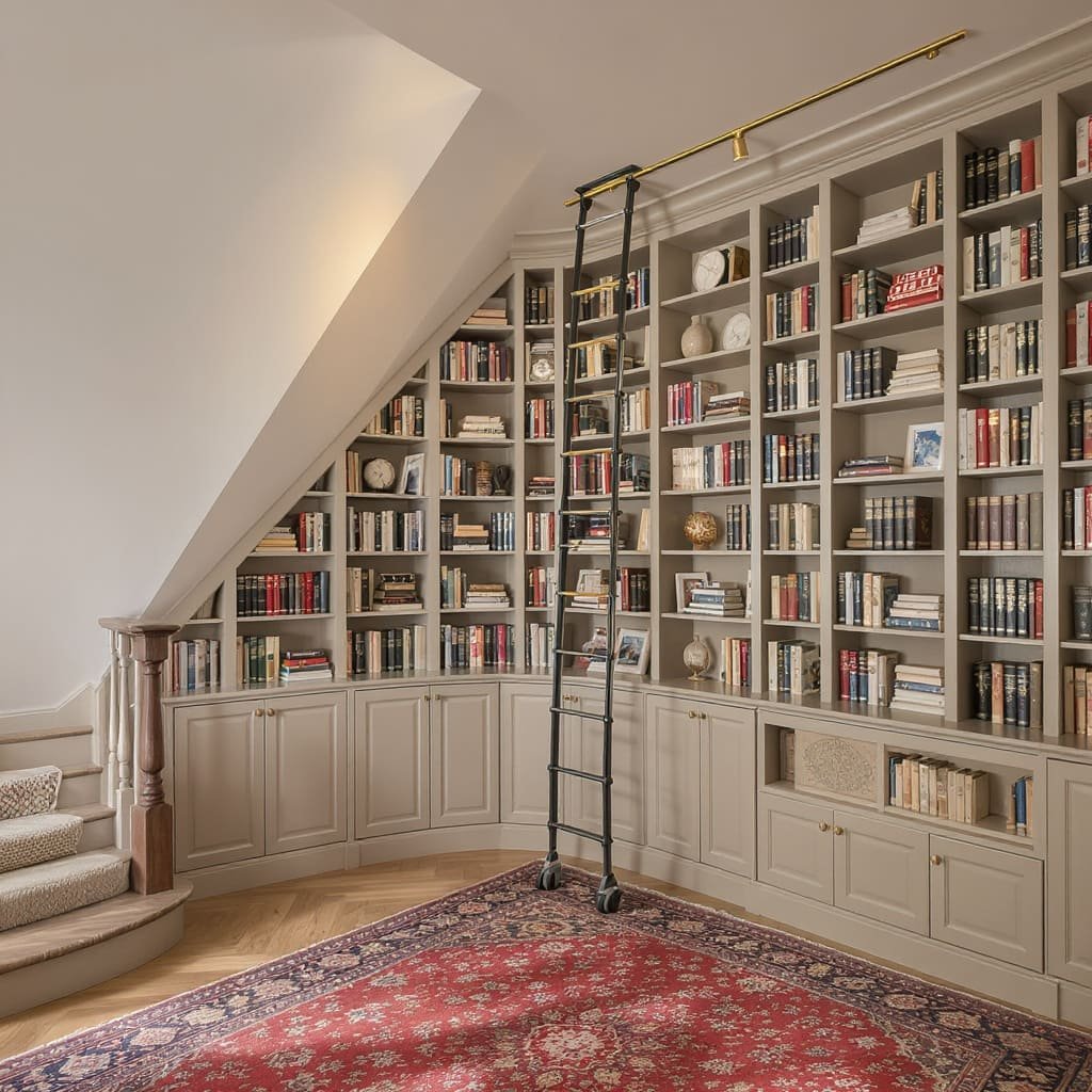 Understairs Built In Library Wall With Rolling Ladder