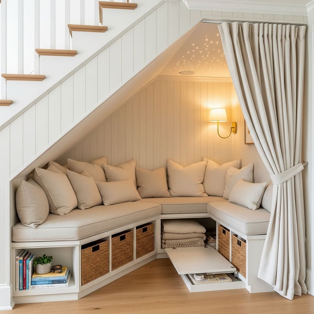 Understairs Curtain Lounge Nook With Storage Baskets