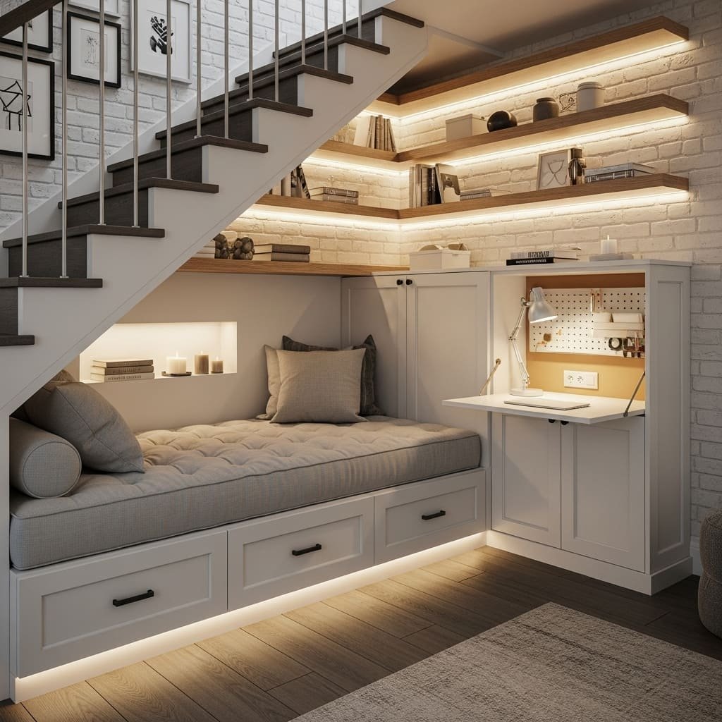 Understairs Daybed and Fold Down Desk Nook