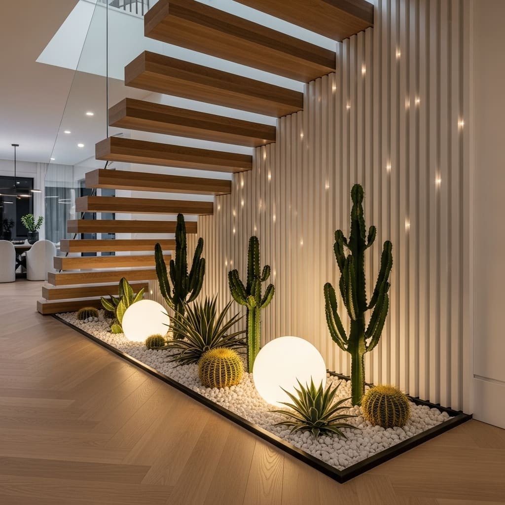 Understairs Desert Garden Display With Orb Lighting