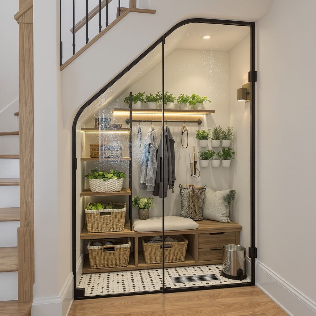 Understairs Glass Front Mudroom Bench and Green Wall